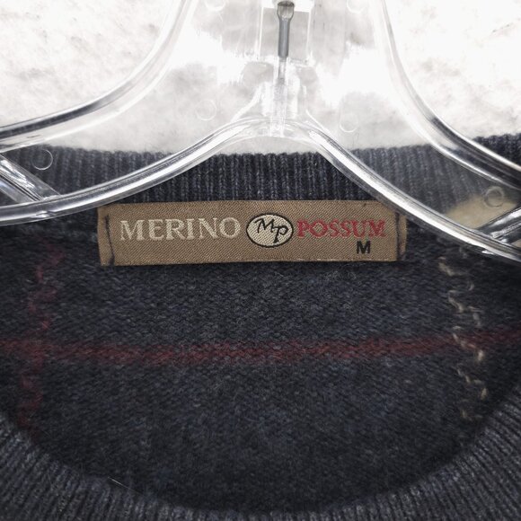 MERINO POSSUM New Zealand Sweater Pullover Gray Blue Check MEDIUM - HOLE! - Picture 5 of 10